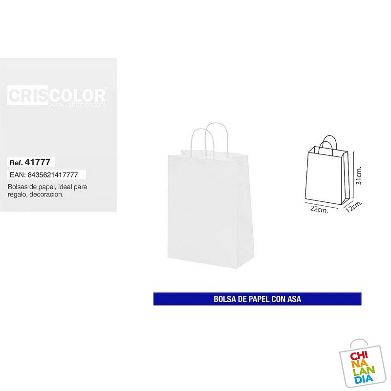 BOLSA PAPEL CON ASA 22X31+12 BLANCA 0,35€ | CHINALANDIA