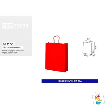 BOLSA PAPEL CON ASA 8X24+20 ROJO 0,35€ | CHINALANDIA