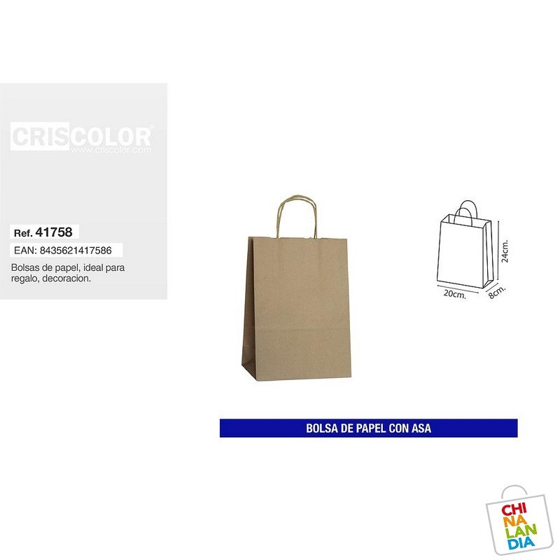 BOLSA PAPEL CON ASA 20X24+8 KRAFT 0,30€ | CHINALANDIA