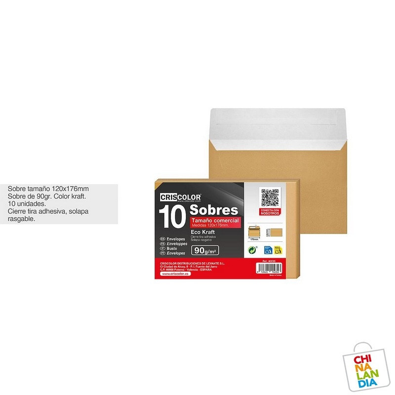 SOBRE COMERCIAL 120X176MM KRAFT 10U 0,55€ | CHINALANDIA