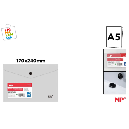 CARPETA SOBRE CON TARJETERO CIERRE BOTÓN A5 TRANSPARENTE 0,60€|CHINALANDIA