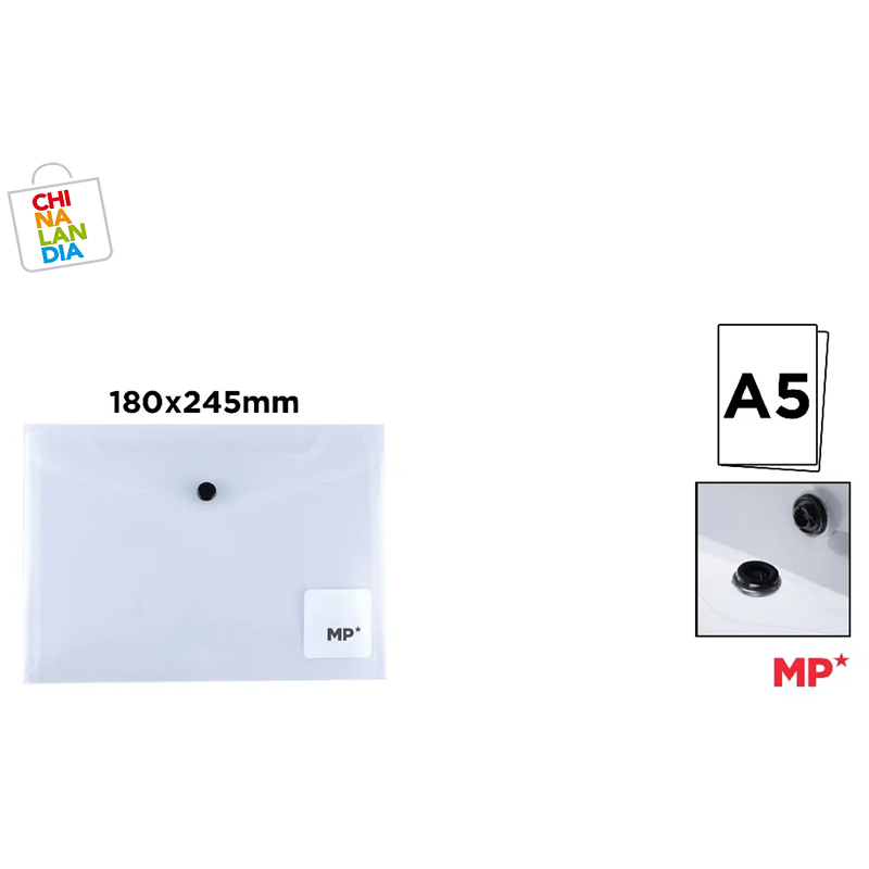 CARPETA SOBRE CIERRE BOTÓN A5 TRANSPARENTE 0,45€|CHINALANDIA