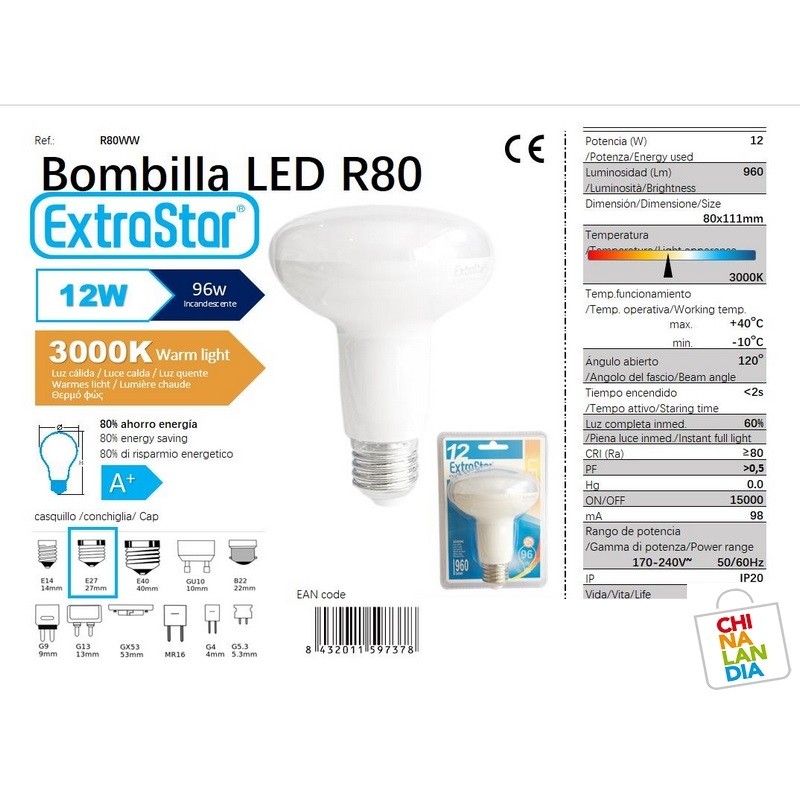 Bombilla LED E27 R80 12W